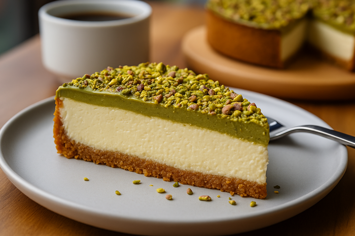 Pistachio Baked Cheesecake Slice